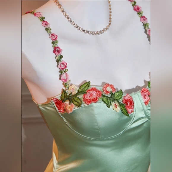 Light Green Floral Embroidered Satin Slip Dress - Picture 4 of 5